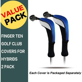 FINGER TEN Golf Club Head Covers Woods Hybrids Long Cover, Headcovers with Interchangeable No. Tags Fit All Hybrids Wood Clubs Light Durable (Blue-2 Pack Hybrid Covers)