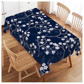 Swono Cherry Blossoms Table Covers 52x70 Inch Branch White Flower Cherry Navy Blue Wipeable Tablecloth Kitchen Dinning Tabletop Decoration, Table Cloth for Outdoor and Indoor Use