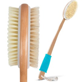 Vive Back Scrubber for Shower – Long Handle Dry Brushing Body Brush with Soft & Stiff Bristles – Exfoliating Shower Loofah & Bath Scrubber Cleaner for Women, Men, Elderly – Antiskid Grip