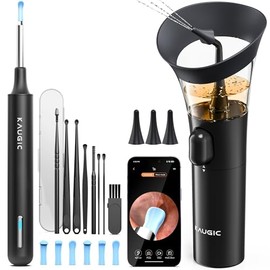 KAUGIC 2 in 1 Ear Care Set - HD Ear Camera (1080P, 6 LEDs) Manual Ear Wash Device with Double Tank for Adults Black