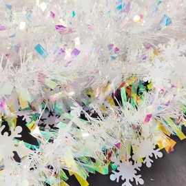 Christmas Snowflake Tinsel Garland, 32.8ft Iridescent Shinny Metallic Tinsel Twist Garland for Christmas Tree Stairs Fireplace Ceiling Hanging Decoration Wedding Birthday Party Supplies (White)