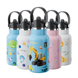 Exllena 350ml Toddler Water Bottle Stainless Steel BPA Free - 100% Leakproof - Kids Insulated Water Bottle with Straw and Handle Lid - Easy to Use for Girls Boys (Car)