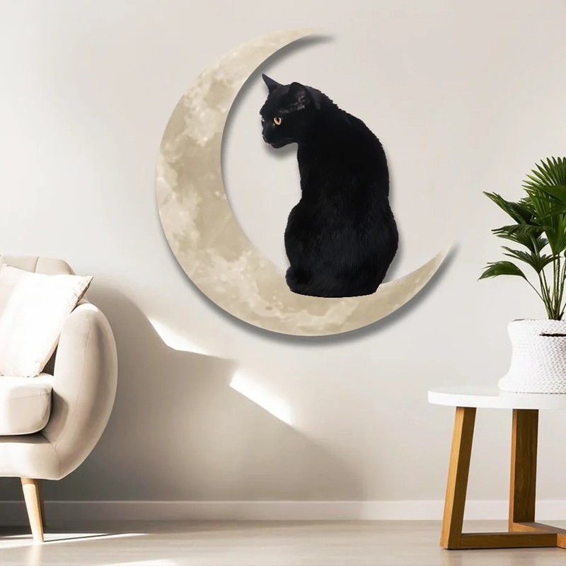 Metal Black Cat Moon Hanging Sign Cat On The Moon
