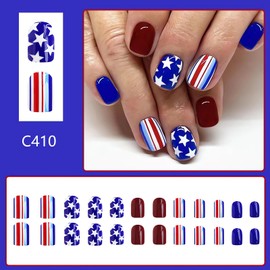 OHWODA Independence Day Press on Nails Square 4th of July Short Fake Nails Blue Red Patriotic False Nail Tips American Day Nails Designs Short Nails Press ons 24Pcs (style2)