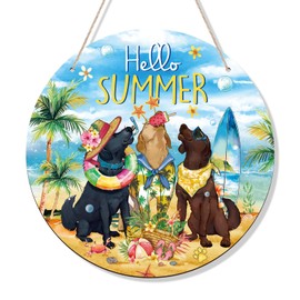 Anglechic Summer Labrador Dog Wreath for Front Door Wooden Summer Beach Door Sign Decoration Rustic Hello Summer Door Hanger Farmhouse Hawaii Tropic Summer Decorations for Home Porch Wall Outside