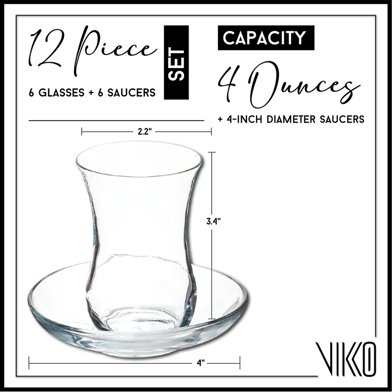 Vikko Turkish Tea Glasses and Saucers, 4 Oz Turkish Tea