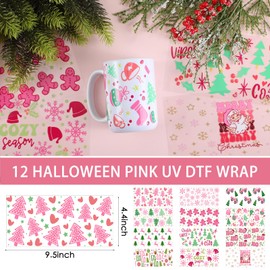 Lyrow 12 Sheets Christmas UV DTF Cup Wrap Transfer Sticker for Glass Xmas Rub on Transfers Decals for 16 oz Glass Cup Transfers for Furniture Waterproof Decals for Cups DIY Crafts(Bright)