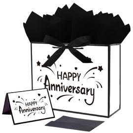 Jaywayang Large White and Black Happy Anniversary Bag with Card, Ribbon and Tissue Paper, Great for Anniversary Party, Wedding Anniversary Party Favor (12.6")