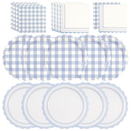 48PCS Light Blue Gingham Paper Plates and Napkins Sets - Blue Scalloped Party Supplies Tableware, Disposable Dinner Plates Napkins Kit for Birthday Baby Shower Wedding Party Decorations