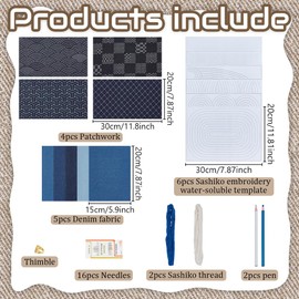 ORIGACH Sashiko Embroidery Mending Patchwork Kit for Adults & Beginners - Complete with Guided Instructions, Water Soluble Adhesive Patterns & Stabilizer - Simplify Fabric Mending Kit