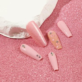 Glitter Valentines Day Press on Nails Long Fake Nails with Heart Love Rhinestones Design Glossy Sparkly Pink Artificial False Nails Stick on Nails Glue on Nails Reusable Manicure Decoration for Women