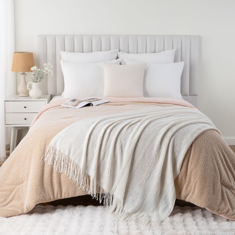 Battilo Cream Throw Blanket for Couch, Bedroom Decor Boho Throw