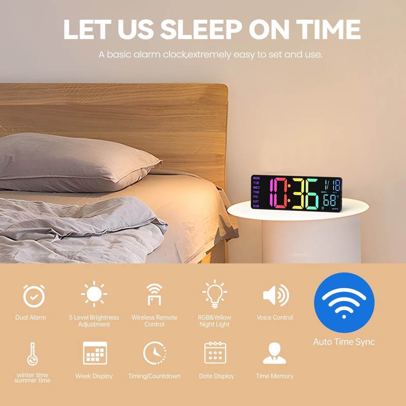 YISILE 13" Digital Wall Clock with Night Light,8 RGB Color,Dual