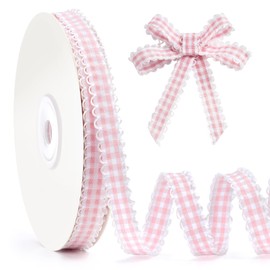 FAKILO Pink Gingham Ribbon 3/8", 25 Yards Pink and White Buffalo Plaid Checkered Ribbon with Scalloped Edges for Gift Wrapping Wreaths DIY Crafts Wedding and Christmas Decor