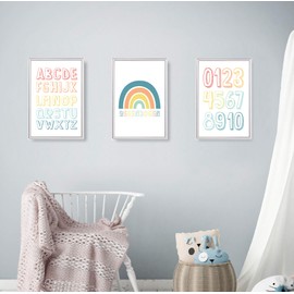 Himmelzucker Premium Wall Pictures Set of 3 for Children's Room Baby Room Posters DIN A4 Children's Poster Boys Girls Decoration Pictures ABC Alphabet Numbers Rainbow (ABC & Rainbow) (A4 without