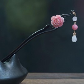 Pink Flower Chinese Japanese Hair Stick, Retro Chrysanthemum Wooden Hairpin Flower Hair Chopstick, Sandalwood Hanfu Cheongsam Hair Accessories