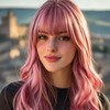 Long Pink Wigs for Women with Fringe, 65cm Curly Hair
