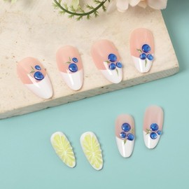 Medium Press on Nails Almond Fake Nails French False Nails White Artificial Nails with Blueberry Designs Acrylic Nail Press ons Summer Stick on Nails for Women 24pcs