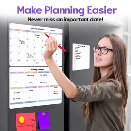 Epzia Magnetic Dry Erase Calendar for Fridge - Kitchen White Board Organiser for Refrigerator, Reusable Monthly & Weekly Planner - with 4 Markers, Eraser, Shopping List - Fridge Calendar Whiteboard