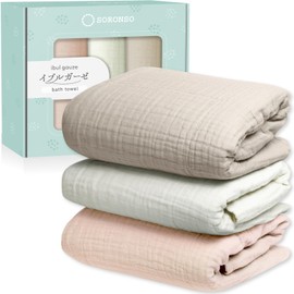 SORONSO Ibur-Gauze Bath Towel for Adults, Bare Skin Hospital, Low Friction, One-touch Water Absorption, Quick Drying, 6-Layer Gauze, Dull Color, 47.2 x 25.6 inches (120 x 65 cm) (Beige, White, Pink)