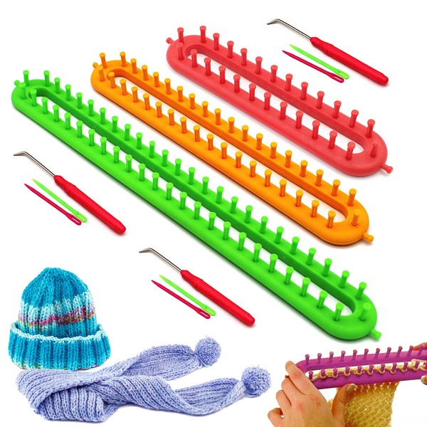 Katech Knitting Frame, 3 Comb Tooth Knitting Loom Set with Hook and Wool Needle, Long Knitting Frame for Socks, Hats, Scarves, Sweaters, Classic Knitting Dolls