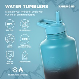 FAHRMOSIS 64 Oz Water Bottle with Straw & Holder Strap | Insulated Water Bottle Water Jug Includes 3 Lids Water Bottles | Stainless Steel Water Bottle for Men & Women - Indigo Green