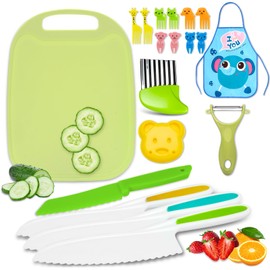 19 Pcs Kids Cooking Sets , Montessori Kitchen Tools for Toddlers, Safe Knife Set for Real Cooking ,Vegetable Crinkle Cutters Serrated Edges Plastic Toddler Knifes , Toddler Toys Set for Real Cooking