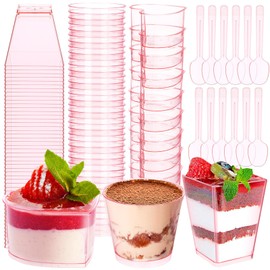 Funnymoom 240 Pack 5oz 6oz Pink Dessert Cups with Spoons 3 Styles Clear Plastic Square Mini Parfait Appetizer Cups Disposable for Fruit Trifle Mousse Ice Cream Yogurt Pudding