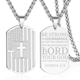 ASOQOLA Dog Tag Cross Necklace for Men, American Flag Stainless Steel Bible Verse Pendant Necklace with 24 Inch Chain, Inspirational Patriotic Jewelry Gift for Men, Silver