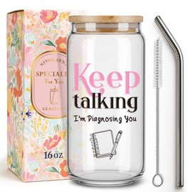 Funny Therapist Psychology Drinking Glass Cup Gifts for Women Psychologists Psychiatrists, Doctors, Therapists,Counselors,Keep Talking I'm Diagnosing You,Glass Tumbler with Lid and Straw -17
