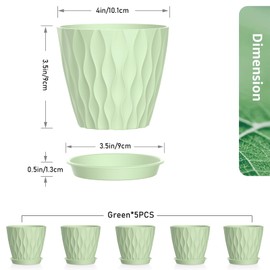 Meowell 4 inch Small Plastic Nursery Pots, 5 Pack Water Ripples Plant Pots for Indoor Plants, Flower Pots with Drainage Holes and Saucers, Seeding Starter Planters for Decorative, Green