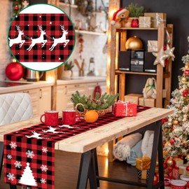 Table Runner Christmas Red, FUKPO Linen Christmas Table Runner Winter Christmas Runner Table Decoration Christmas Table Runner with Christmas Tree Santa Claus Snowflake Reindeer Star Pattern