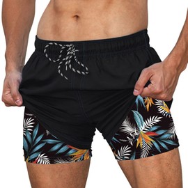 Cozople Men's Compression Swim Shorts Quick Dry Anti Chafe Hawaii Swimming Trunks Stretch Boxer Brief Liner Boardshorts Novelty Fashion Aloha Bathing Suits with Side Pockets Black Size Medium