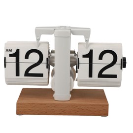 Flip Desk Clock Auto Mechanical Flip 12H AM PM Wood Base Battery Powered Vintage Retro Digital Table Clock for Home Office White Page