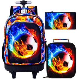 Boys Rolling Backpack, 3PCS Mens Roller Bookbag with Lunch Bag for Kids, Wheeled School Bag for Children - Flame Soccer