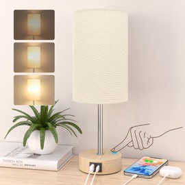 STANBOW STANBOW Bedside Lamps, Touch Lamps Bedside with USB A+C Charging Ports, 3-Way Dimmable LED, Table Lamps for Living Room Bedroom Gift with Beige Shade-Wood Base (LED Bulb Included)