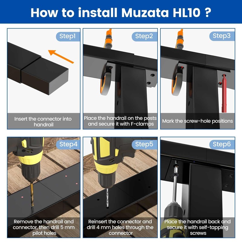 Muzata 8ft Black Aluminum Cable Railing Handrail Rectangular HL10