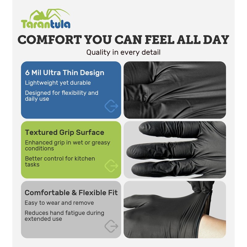 6-mil Disposable Nitrile Gloves, Black, Large, Food-Safe & Powder-Free