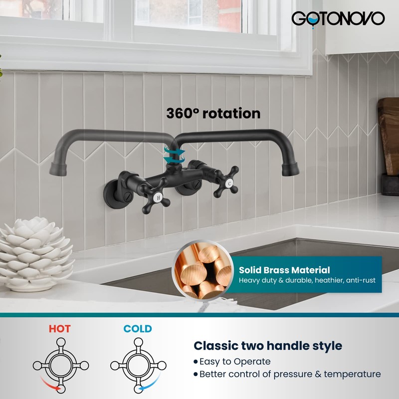 gotonovo Wall Mount Kitchen Sink Faucet Double Cross Handle Commercial