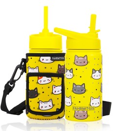 FAHRMOSIS 14 OZ Kids Water Bottle with Carrier Bag & Strap Leak Proof Metal Insulated Stainless Steel Tumbler with 2 Lids (Flip & Spout) for School & Sports Water Bottle with Straw - Yellow (Cat)