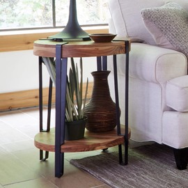 Alaterre Furniture Ryegate Natural Solid Wood with Metal Round End Table, Live Edge