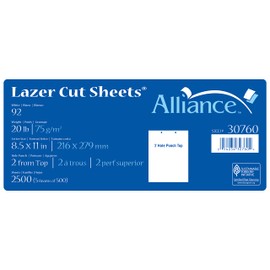 Prepunched Paper Alliance Laser Cut Sheet 2 Hole Top Punch 8.5 x 11 inch, 20 lb, 92 Bright, 2500 Sheets