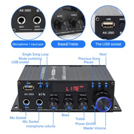 okanemoqi 800W Amplifier Home Audio, Bluetooth 5.0, RMS 40Wx2, 2 Channel Amplifier with USB SD BT.C FM AUX for Home Theater Karaoke, Garage, Backyard, Theater, Outdoor, Poolside