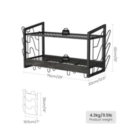 CHOEZON Hanging Pot Rack, Pot Rack Wall Mounted, 2-Tier Kitchen Pot and Lid Organizer, Wall-Mounted Cookware Holder with 12 Hooks, for Kitchen Storage of Pots, Pans, Utensils, Charcoal Black TPR02BC