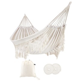 ROOITY Indoor Hammock with Macrame Fringe for 2 Persons,Double Boho Hammocks with Tassels,Portable Cotton Rope Hamaca Swing with Travel Bag for Outside,Porch,Garden,Patio,Backyard,Up to 500lbs White