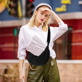 Crescent Bag for Women, Corduroy Half Moon Bag Crescent Crossbody Bag Dumpling Bag Solid Color Hobos Crossbody Bags with Adjustable Strap for Travel Work School Daily Use (Black)