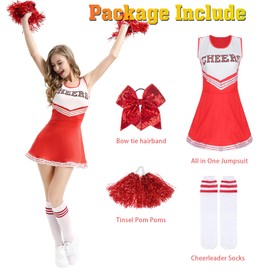 Moiuguli Women's Cheerleader Costume, Cheerleader Outfit, Cheerleader Costume with Cheerleader Pompoms and Socks, Superstar Cheerleader Costume for Carnival Costume Women and Parties, red, L