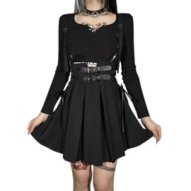 XKBHYD Gothic Pleated Halter Skirts High Waist Grunge Punk Midi Skirts Adjustable Bandage Harajuku Black Strappy Skirt
