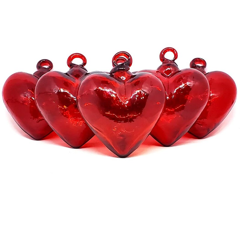 MexHandcraft Red 3.5 inch Medium Hanging Glass Hearts (Set of