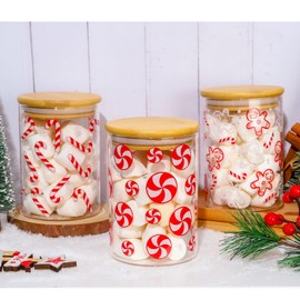 JarThenaAMCS 3Pcs Christmas Glass Storage Jars Red White Candy Cane Gingerbread Man Clear Canisters Sets with Airtight Lid for Xmas Home Kitchen Countertop Decor